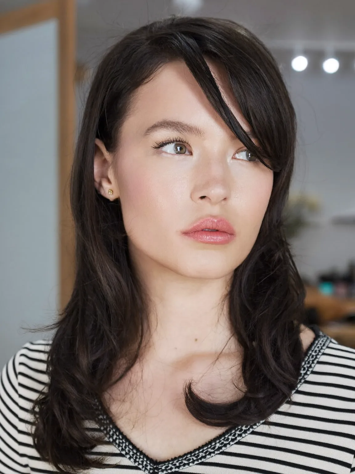 Rich Chocolate Brown Long Layers with Side-Swept Bangs